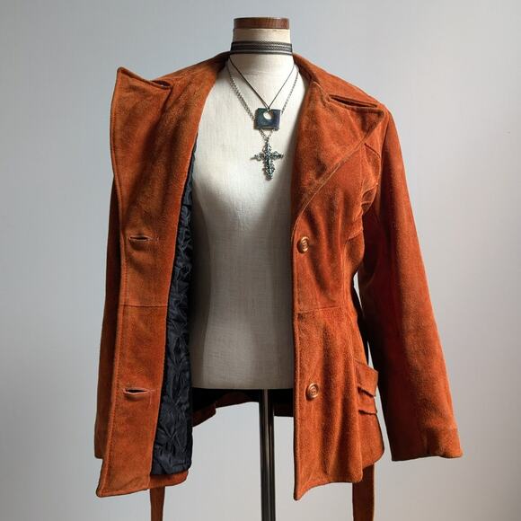 Vintage Orange Brown Suede Jacket Belted Leather Coat Western Rust Red 70s Small - Picture 6 of 10